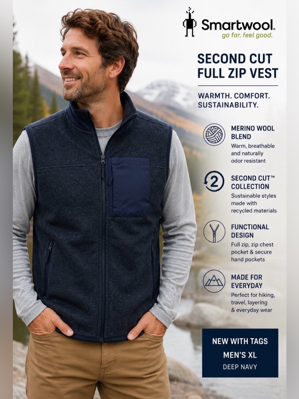 Smartwool Second Cut Full Zip Fleece Vest Mens XL Deep Navy Merino Wool NWT